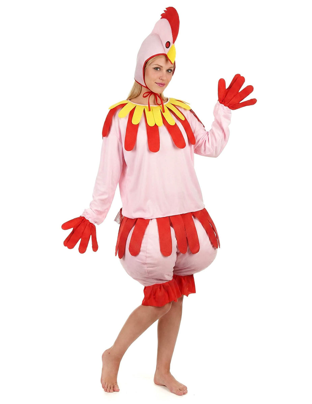 Costum de găini pentru adult roz și roșu cu coafură