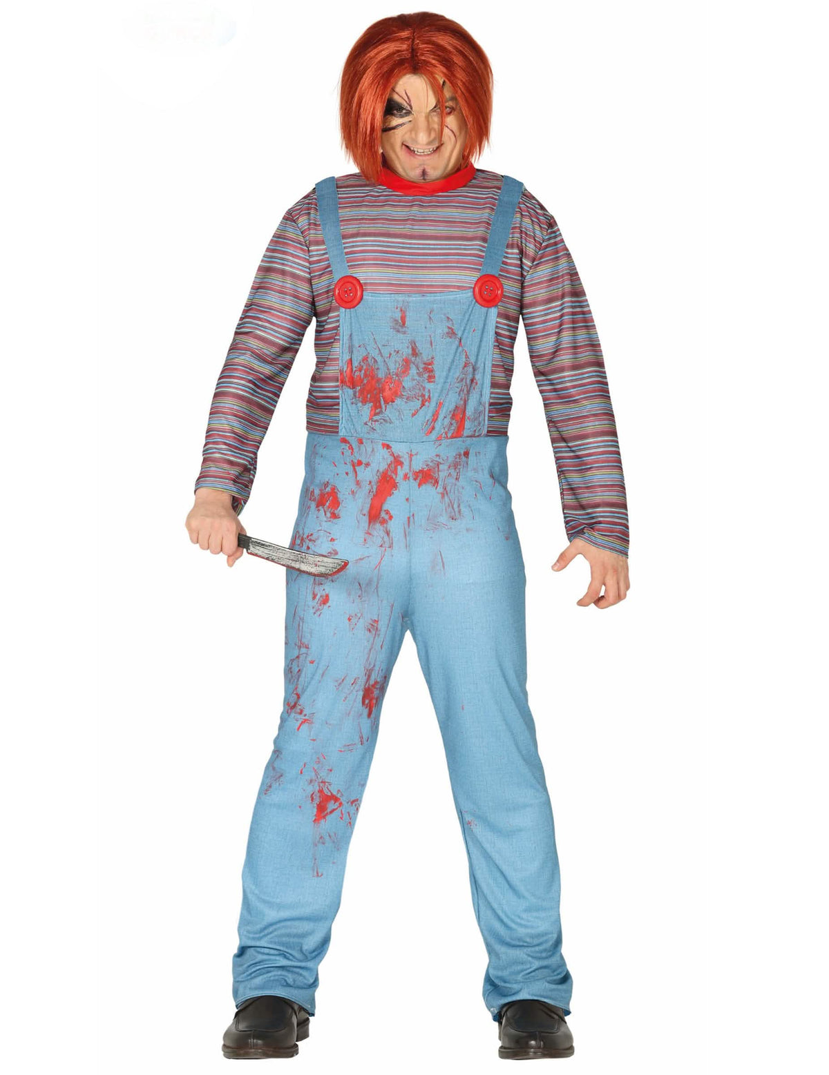 Costume de păpușă diabolică pentru adult cu salopete albastre însângerate și tricouri cu dungi