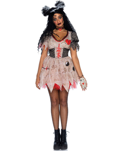 Costum de păpușă voodoo pentru femei, bej și roșu, cu imprimeu de cusături