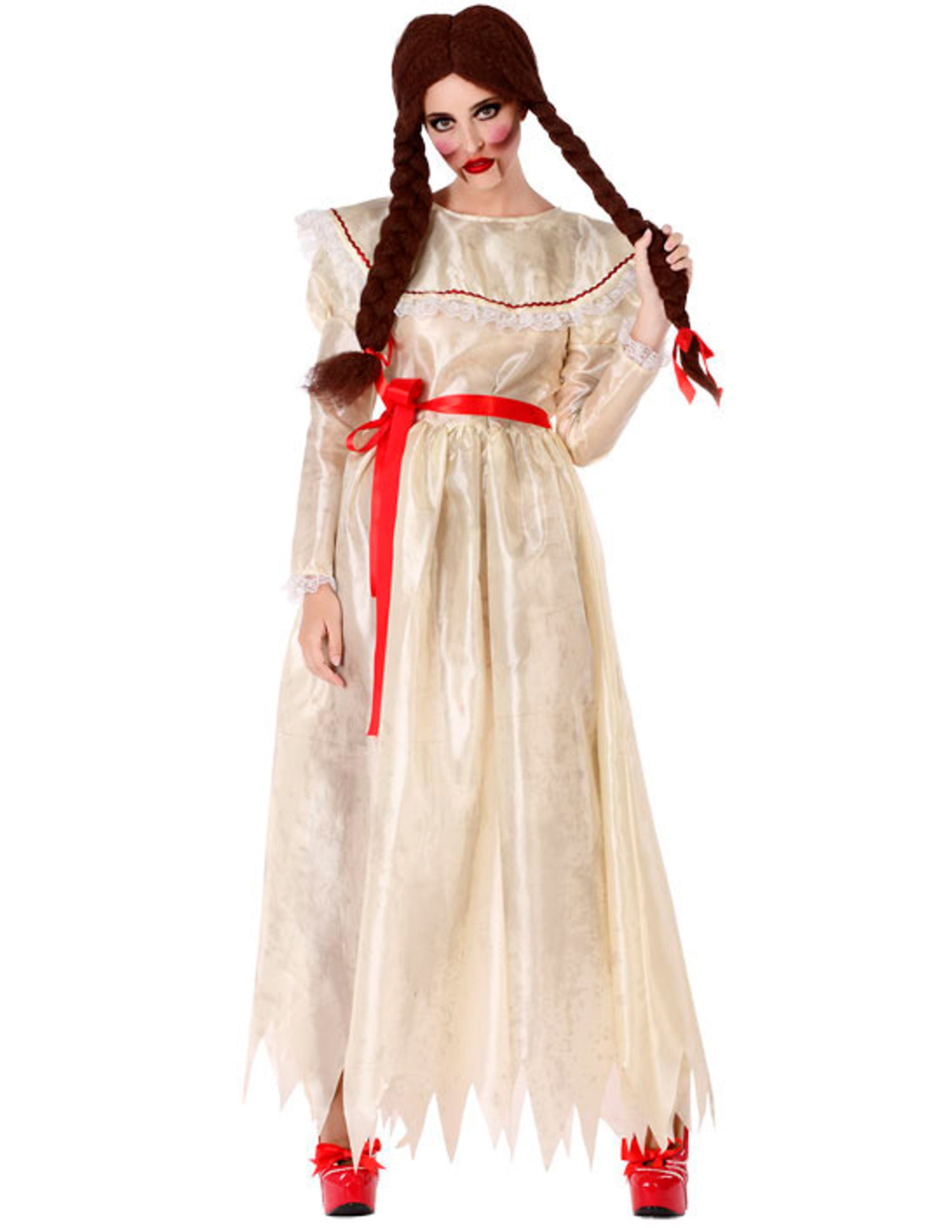 Déguisement de poupée vintage maléfique pour femme blanc cassé avec ceinture et rubans rouges