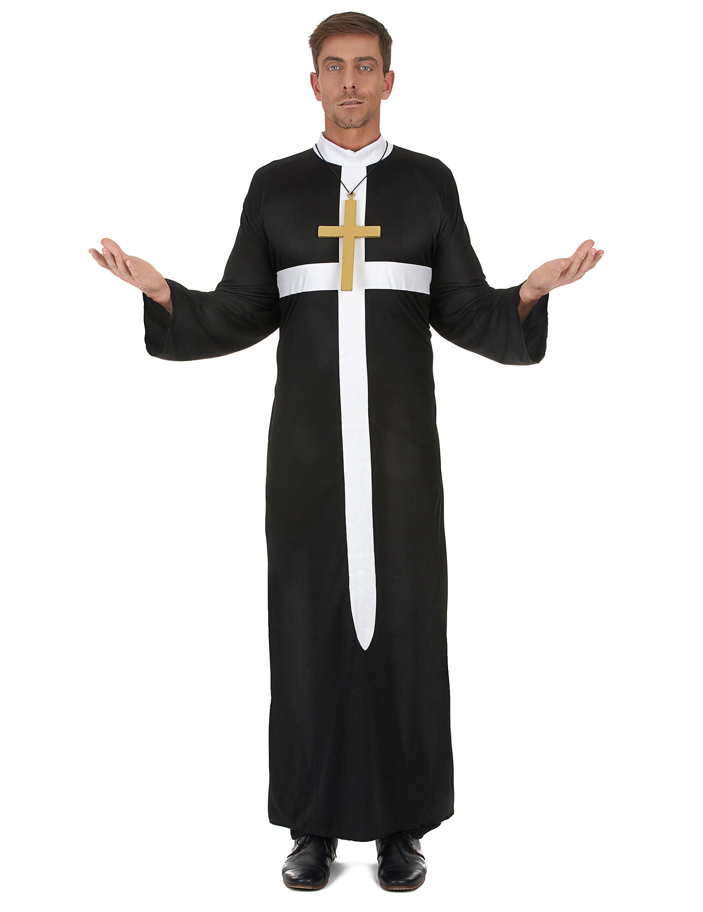 Déguisement de prêtre pour homme noir avec croix blanche et collier doré