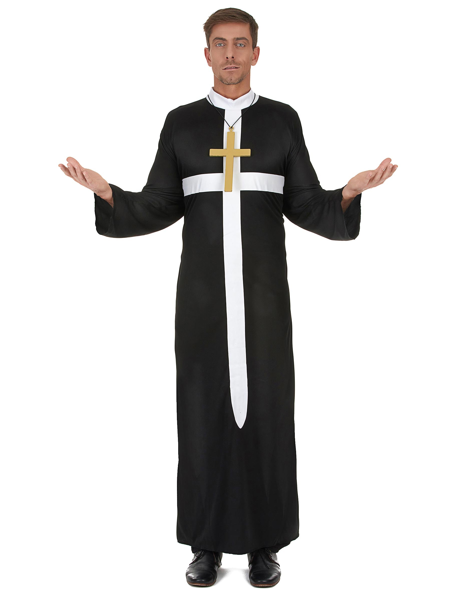 Déguisement de prêtre pour homme noir avec croix blanche et collier doré