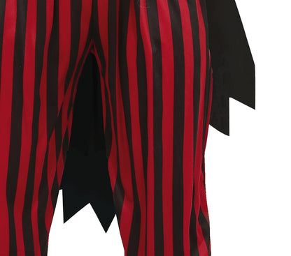 Détail du pantalon à rayures rouges et noires du déguisement prêtre vaudou