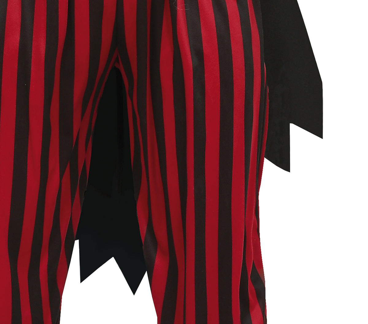 Détail du pantalon à rayures rouges et noires du déguisement prêtre vaudou
