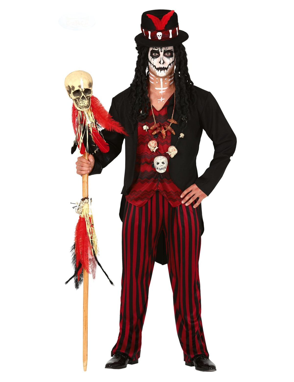 Déguisement de prêtre vaudou pour homme noir et rouge avec chapeau et pantalon rayé
