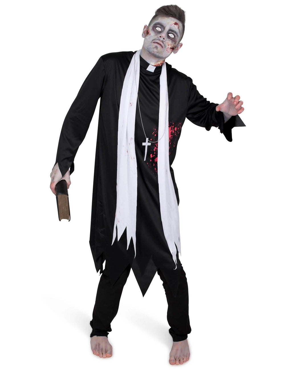Déguisement prêtre zombifié pour homme noir et blanc ensanglanté avec croix