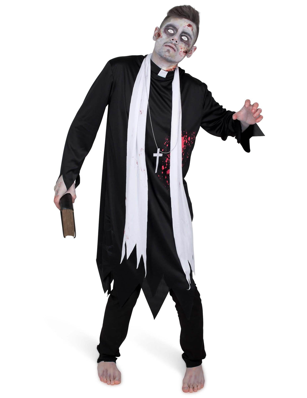 Déguisement prêtre zombifié pour homme noir et blanc ensanglanté avec croix
