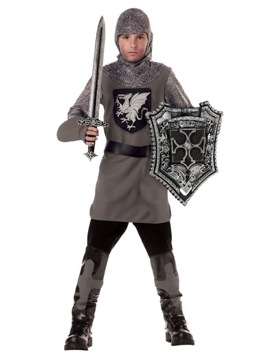 Costum de cavaler brav cu gri și argintiu, cu scut dragon