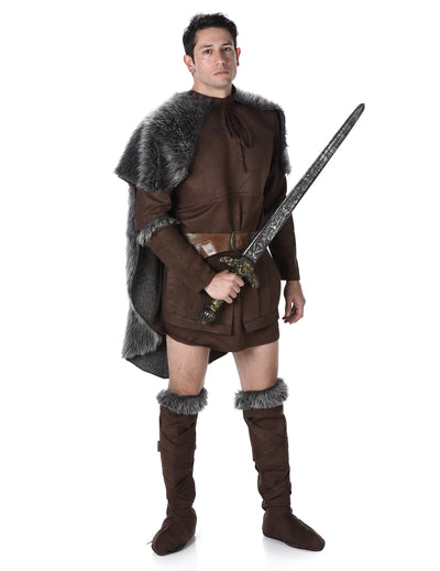 Déguisement prince viking pour homme marron avec cape en fausse fourrure grise