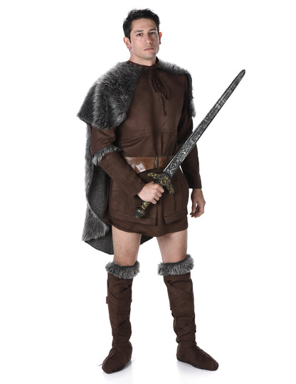 Déguisement prince viking pour homme marron avec cape en fausse fourrure grise