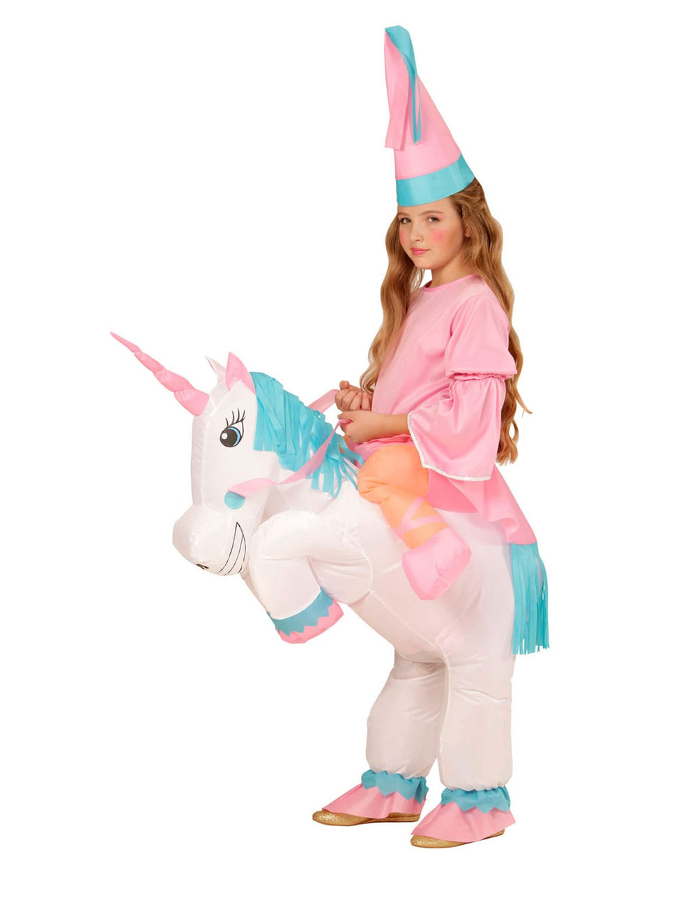 Vedere din profil a costumului de prințesă pe spatele unui unicorn cară-mă
