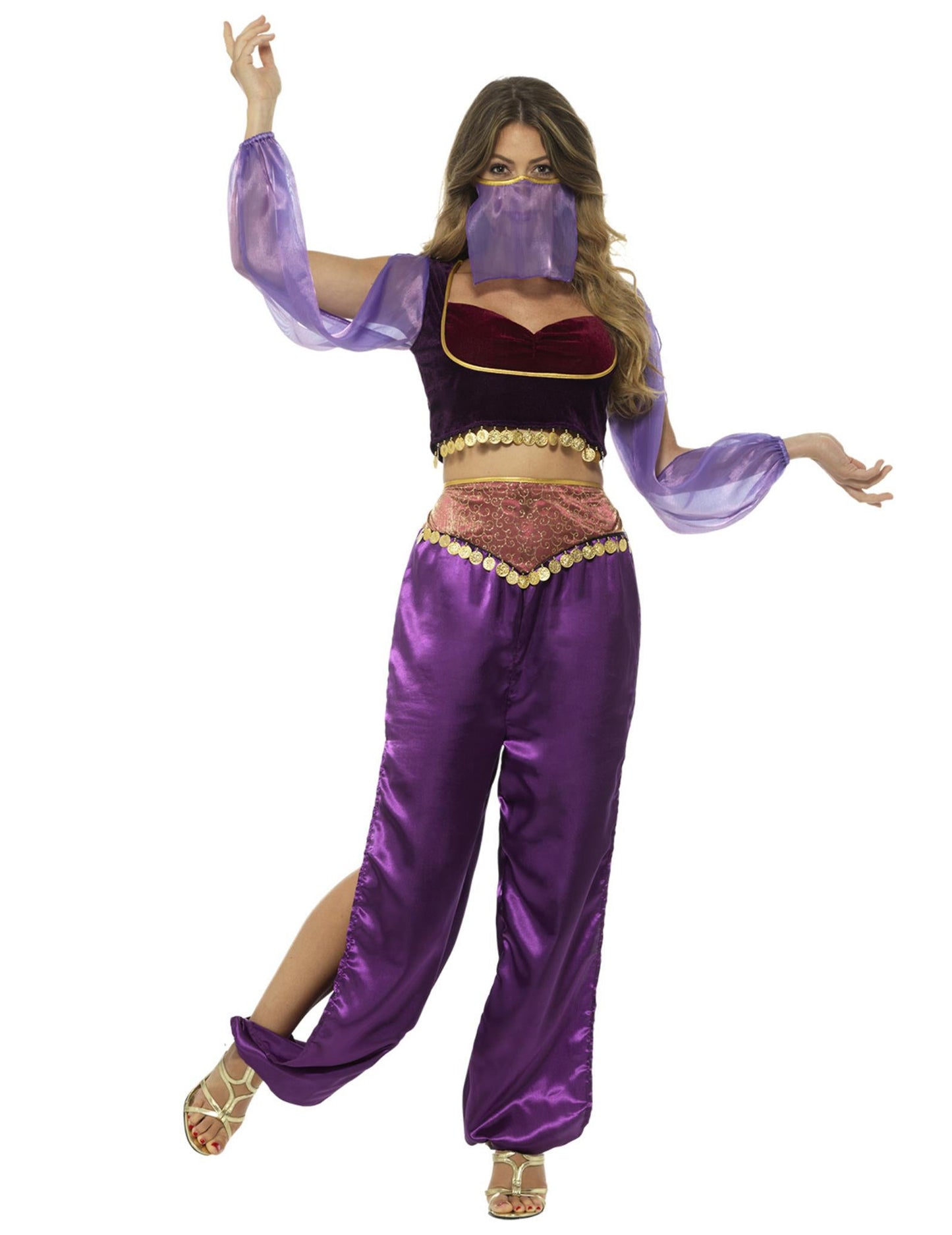 Femeie cu costum de prințesă arabă violetă