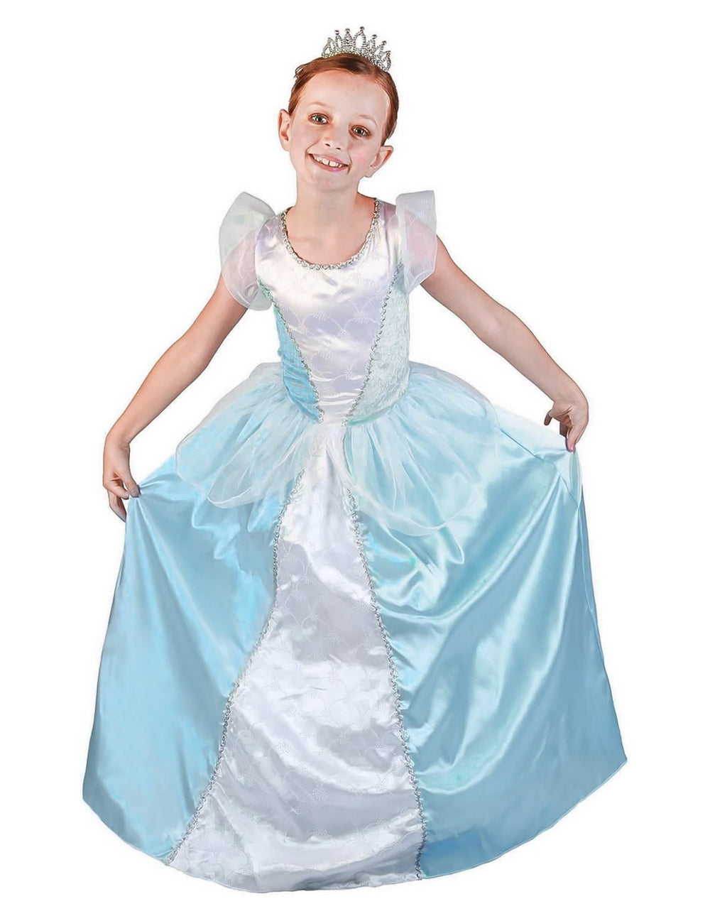 Costum de prințesă pentru fată albastru și alb cu diademă