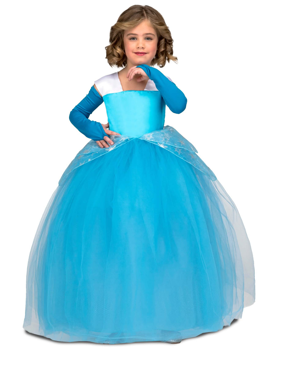 Costum de prințesă de bal pentru fată albastru cu jupon din tul și mănuși lungi