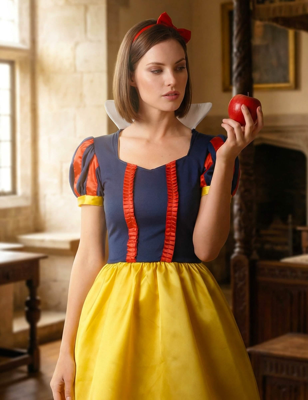 Prințesă ținând un măr roșu din costumul Prințesa celor 7 Pitici