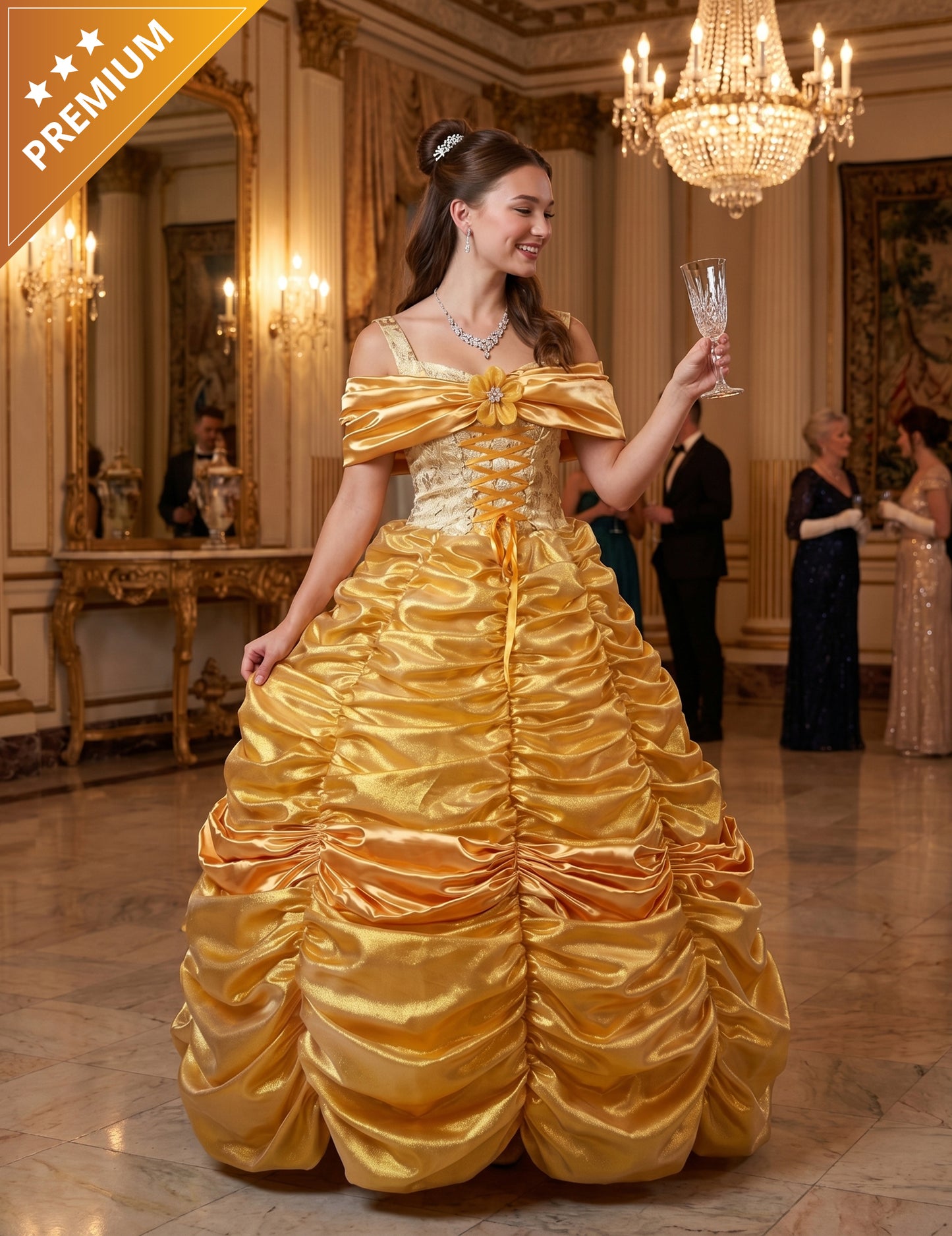 Costum de prințesă galben de lux pentru femei