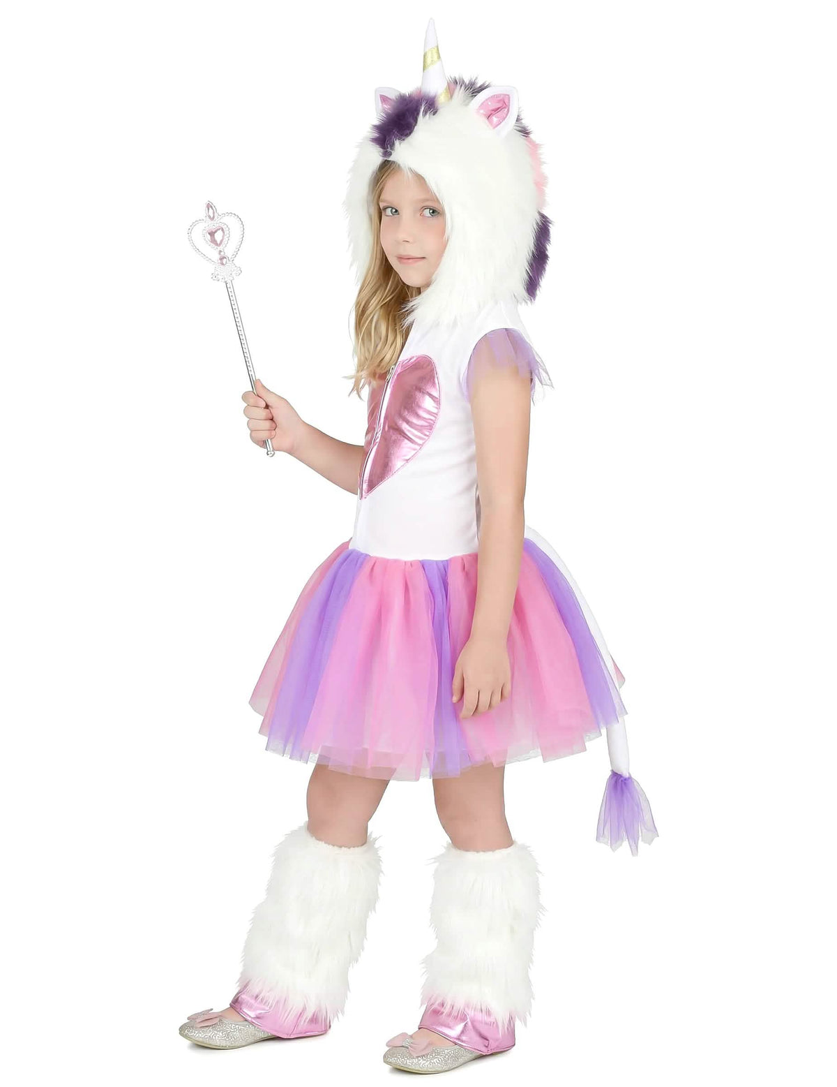 Vedere din profil a costumului Prințesă unicorni pentru fată