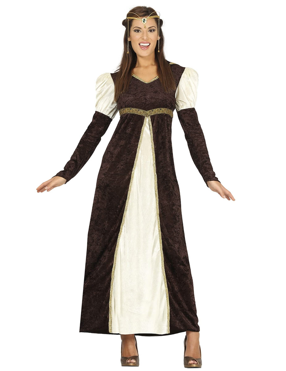 Costum de prințesă medievală pentru femeie maro și crem, cu finisaje aurii