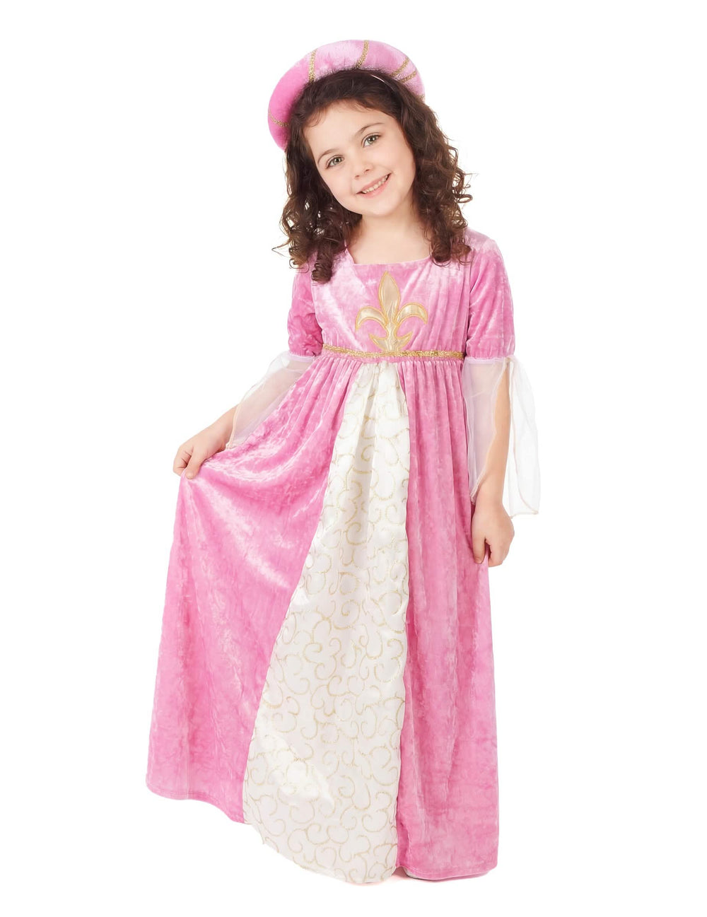 Costum de prințesă medievală pentru fată roz și auriu cu coifă