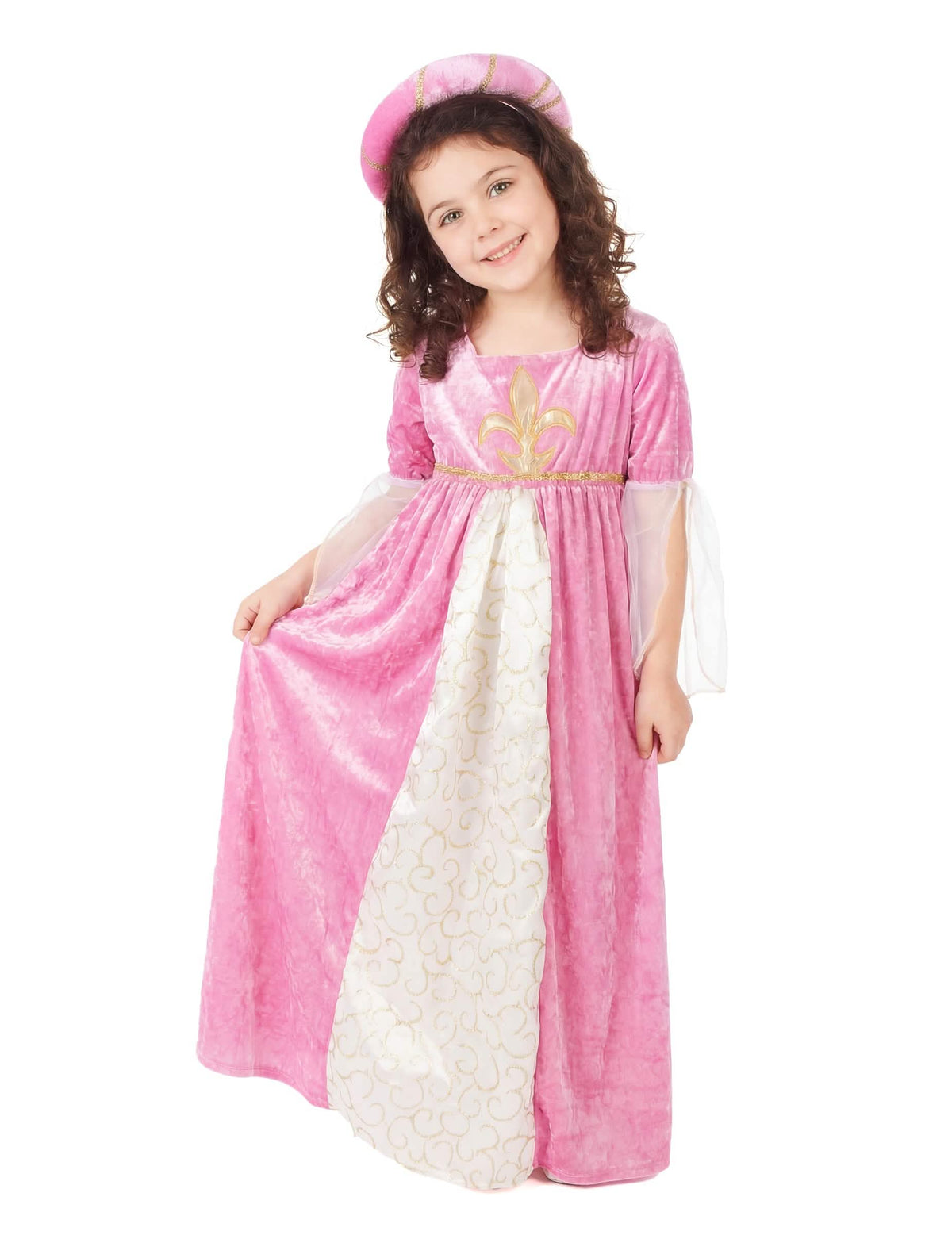 Costum de prințesă medievală pentru fată roz și auriu cu coifă