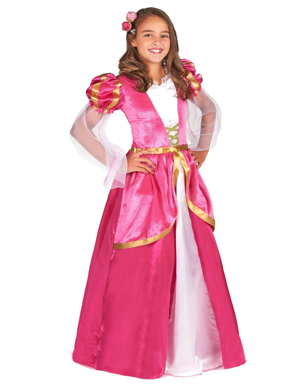 Costum de prințesă medievală pentru fată roz și alb cu detalii aurii