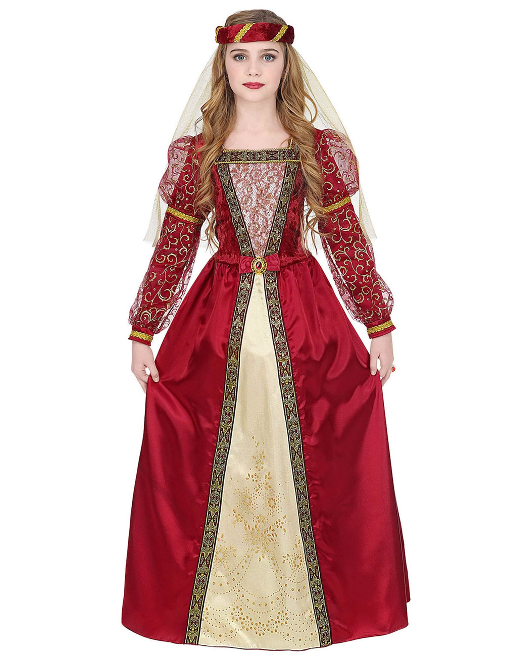 Costum de prințesă medievală regală pentru fată roșu și auriu cu coifură