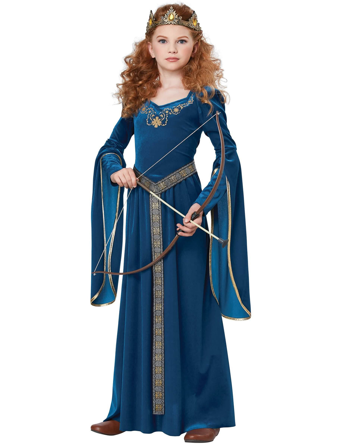 Vedere din față cu arc și săgeată a costumului de prințesă medievală din catifea lux