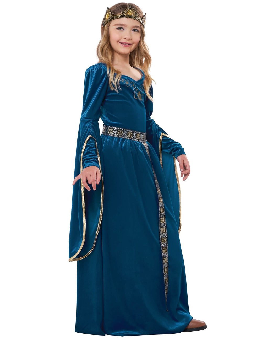 Vedere din profil a costumului de prințesă medievală din catifea lux