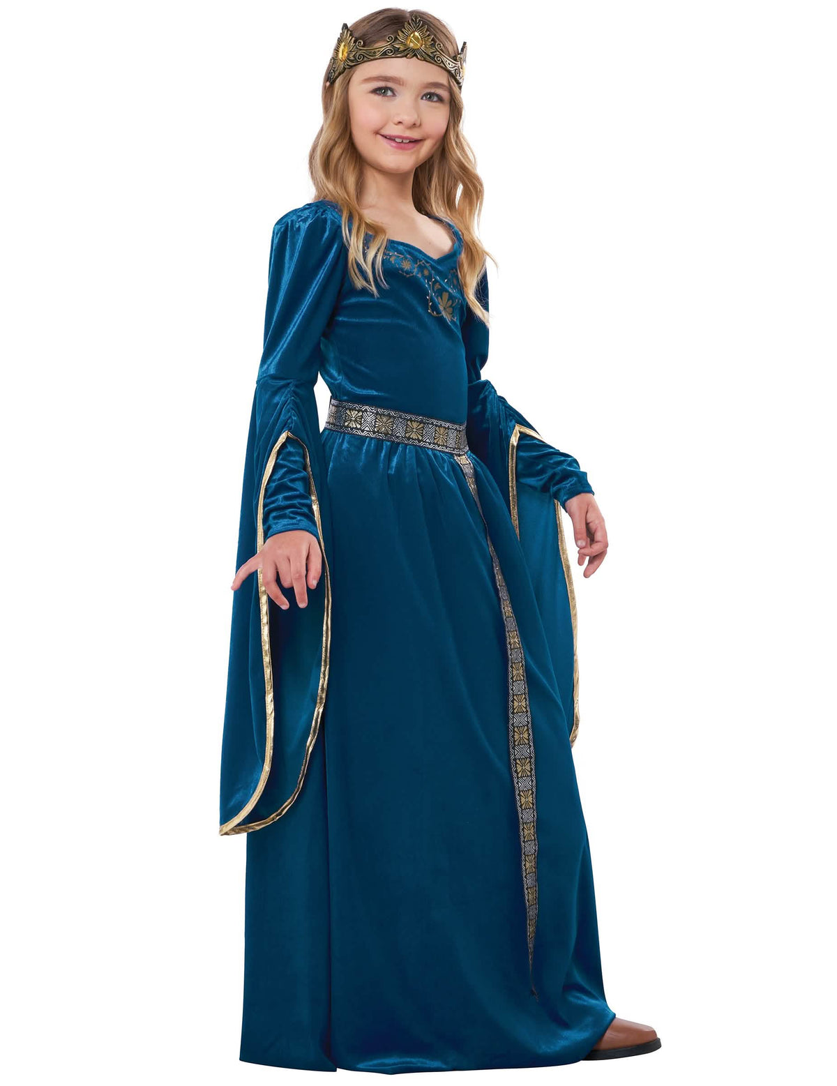 Vedere din profil a costumului de prințesă medievală din catifea lux