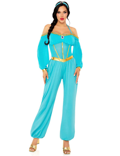 Costum de prințesă orientală albastră și aurie pentru femeie