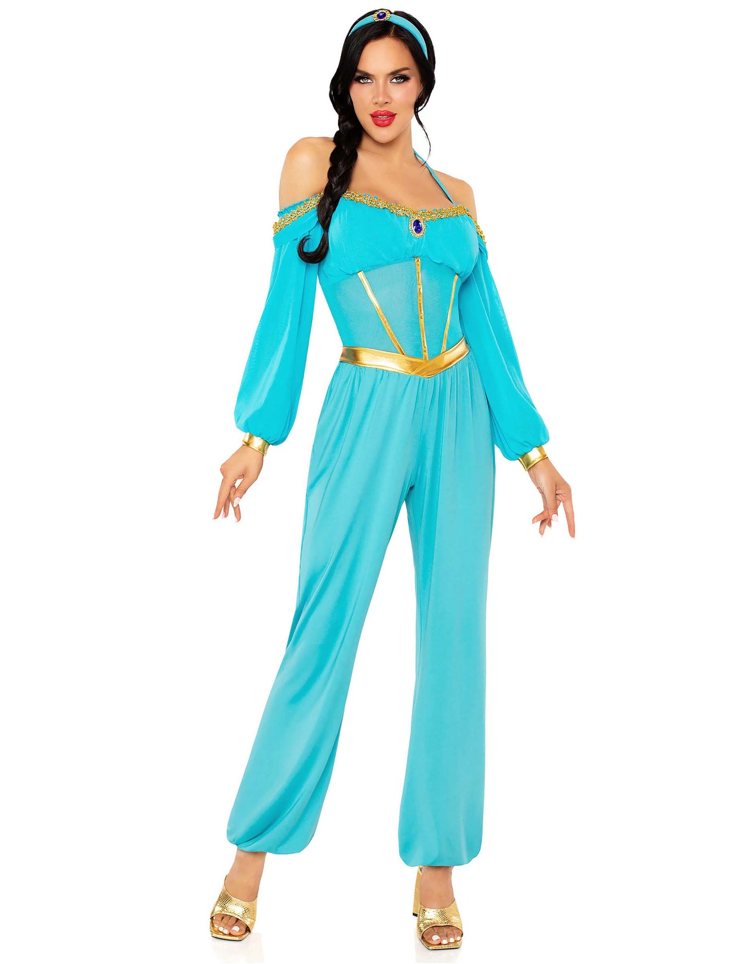 Costum de prințesă orientală albastră și aurie pentru femeie