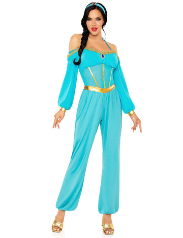 Costum de prințesă orientală albastră și aurie pentru femeie