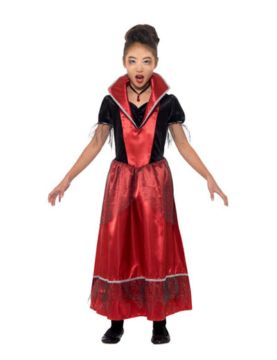 Costum de prințesă vampir pentru fete, roșu și negru, cu guler înalt