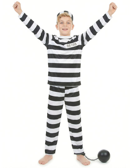 Vue de face les bras levés du déguisement de prisonnier pour enfant