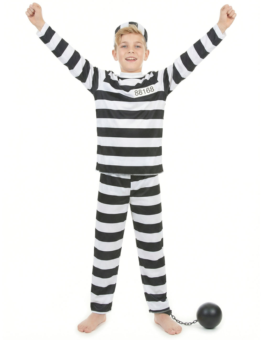 Vue de face les bras levés du déguisement de prisonnier pour enfant