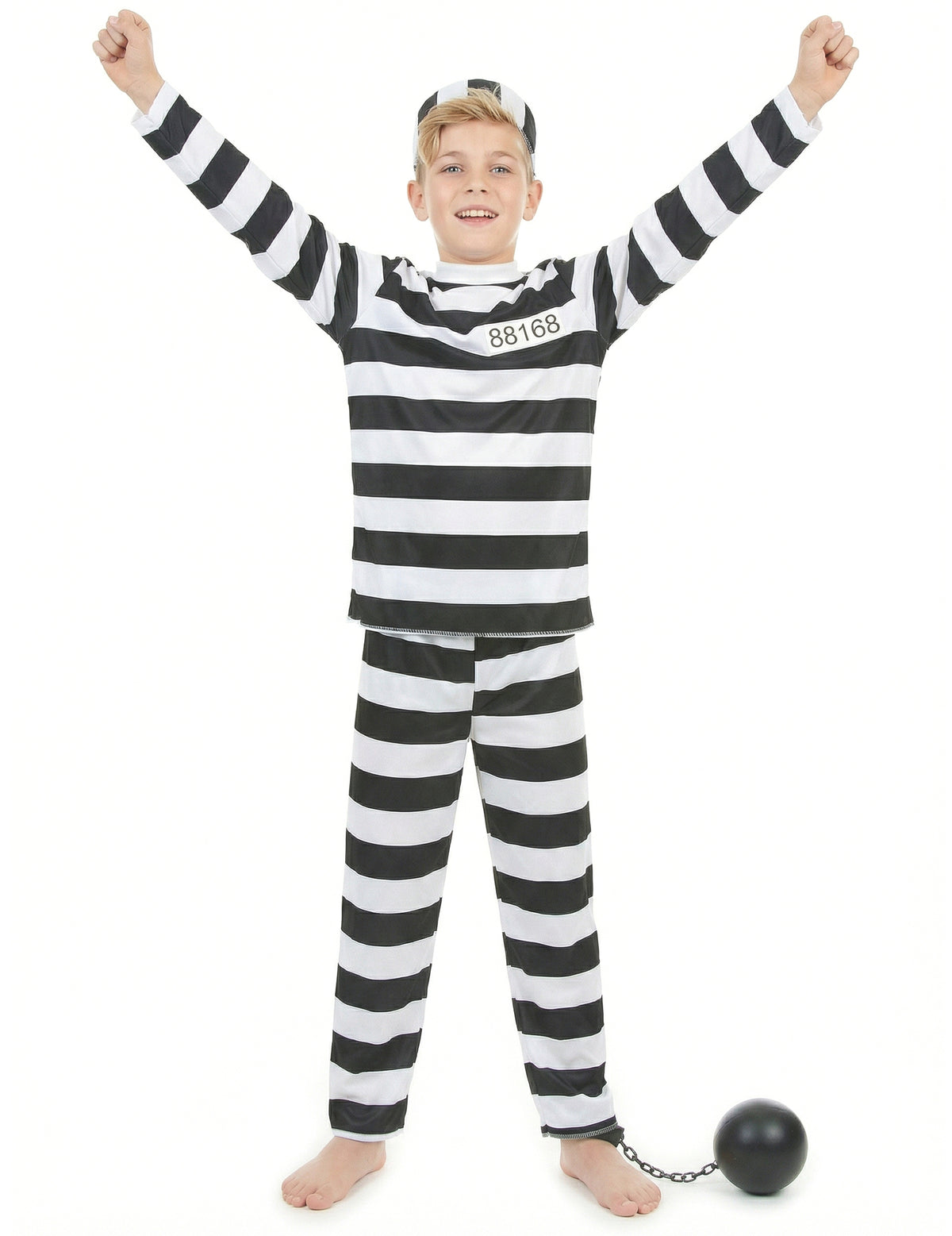 Vue de face les bras levés du déguisement de prisonnier pour enfant