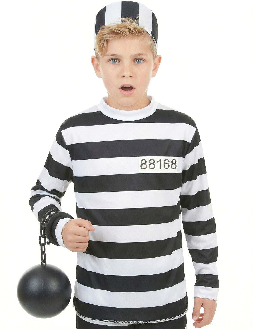 Gros plan sur le buste et les accessoires du déguisement de prisonnier pour enfant