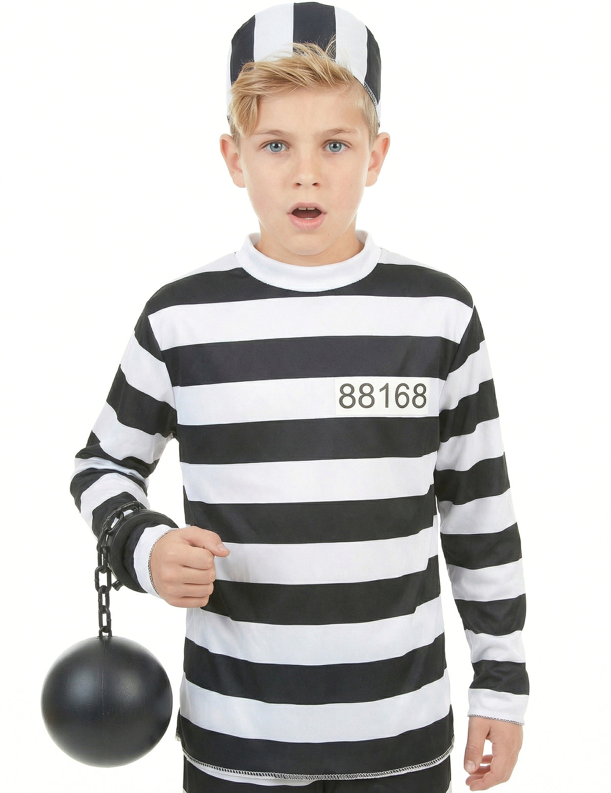Gros plan sur le buste et les accessoires du déguisement de prisonnier pour enfant