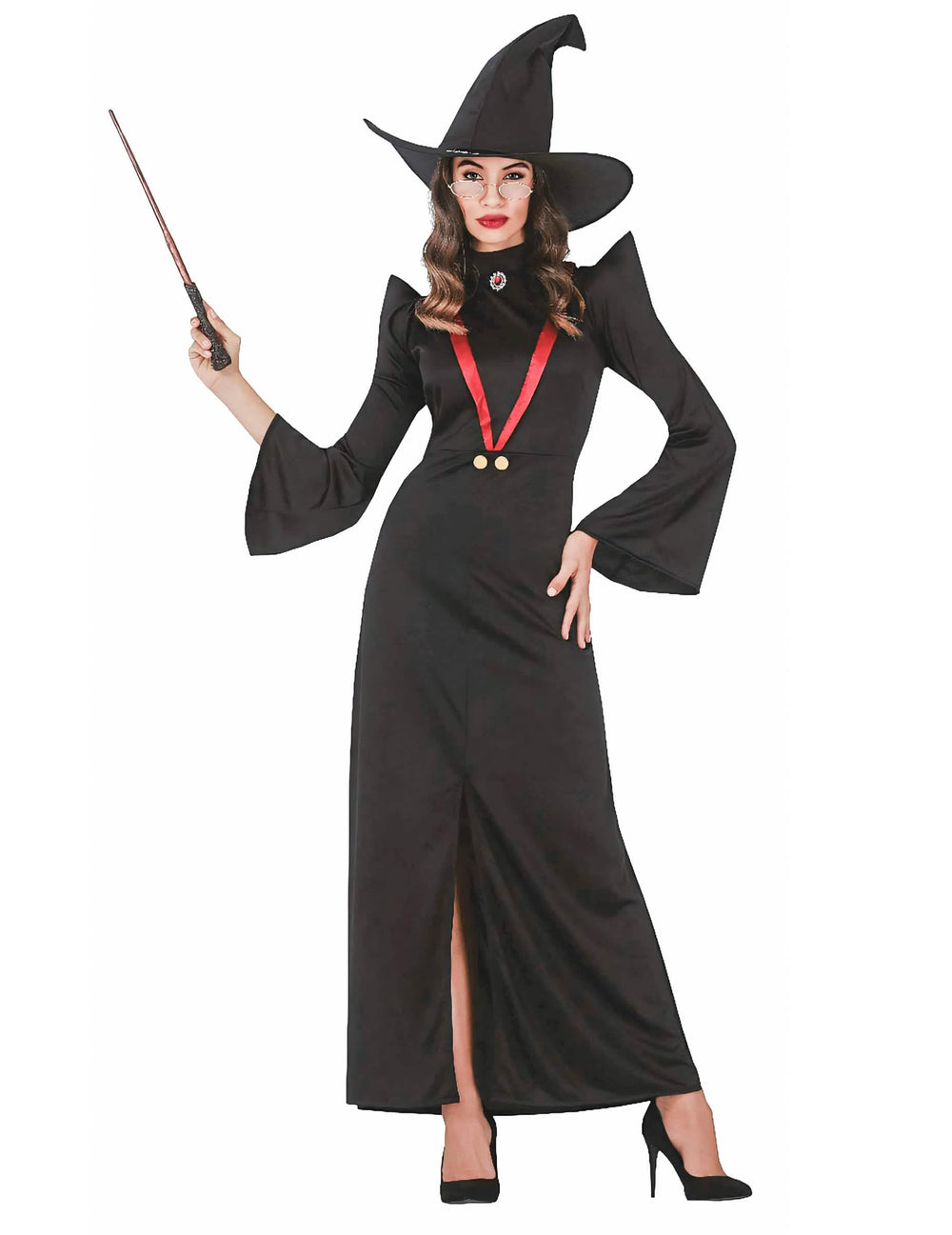 Costum de profesoară de magie pentru femeie negru cu pălărie și baghetă