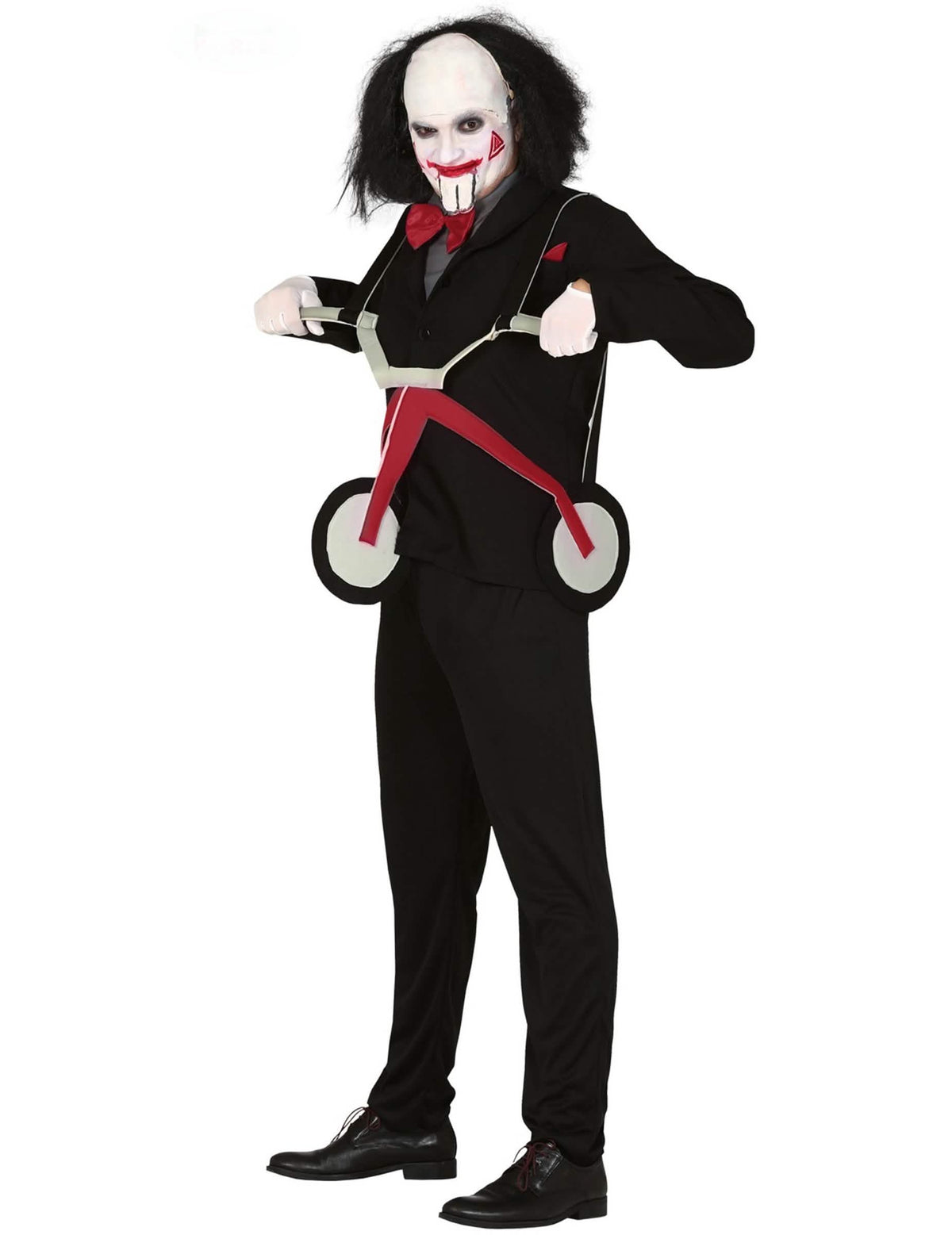 Déguisement de psychopathe tricycle pour homme noir avec masque blanc et tricycle rouge