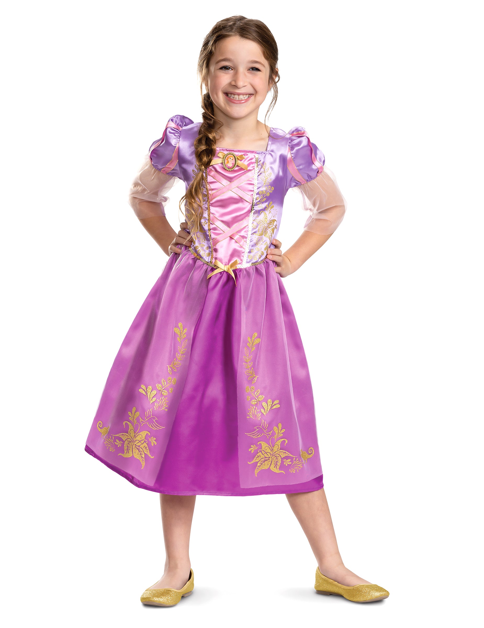 Déguisement Raiponce à paillettes pour fille violet et rose avec détails dorés