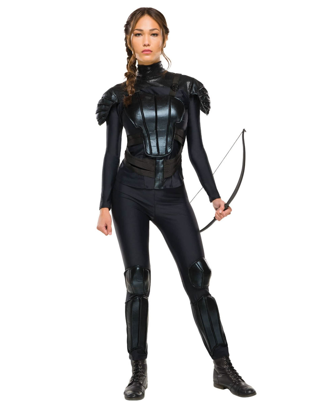 Ținută rebelă Katniss Hunger Games™ pentru femeie negru cu armură și arc
