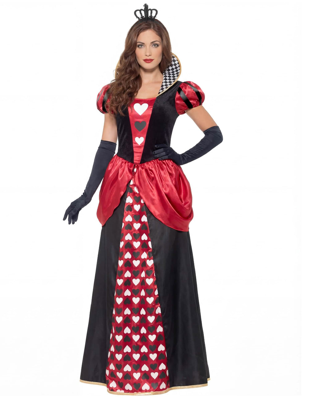 Costum regina de cupă lung pentru femeie roșu și negru cu motive inimi și coroană