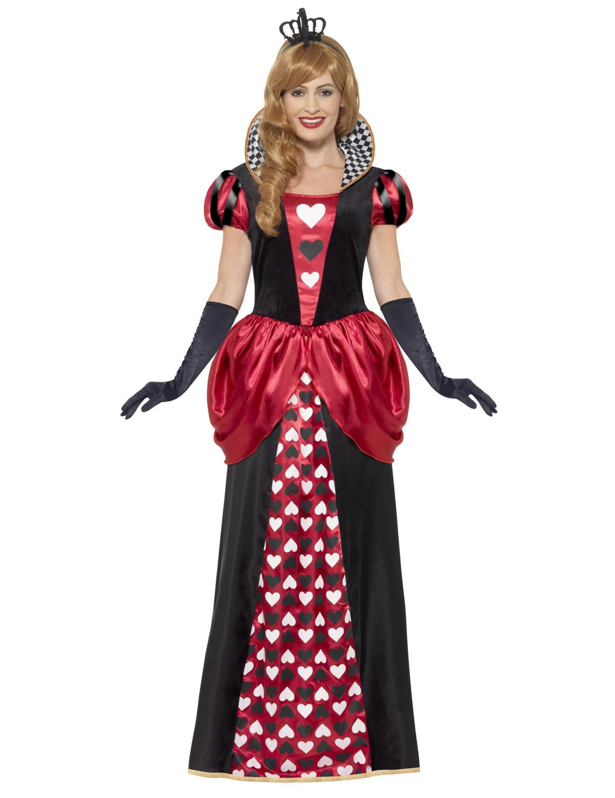 Costum regina de cupă pentru femeie lung roșu și negru cu motive inimi și coroană