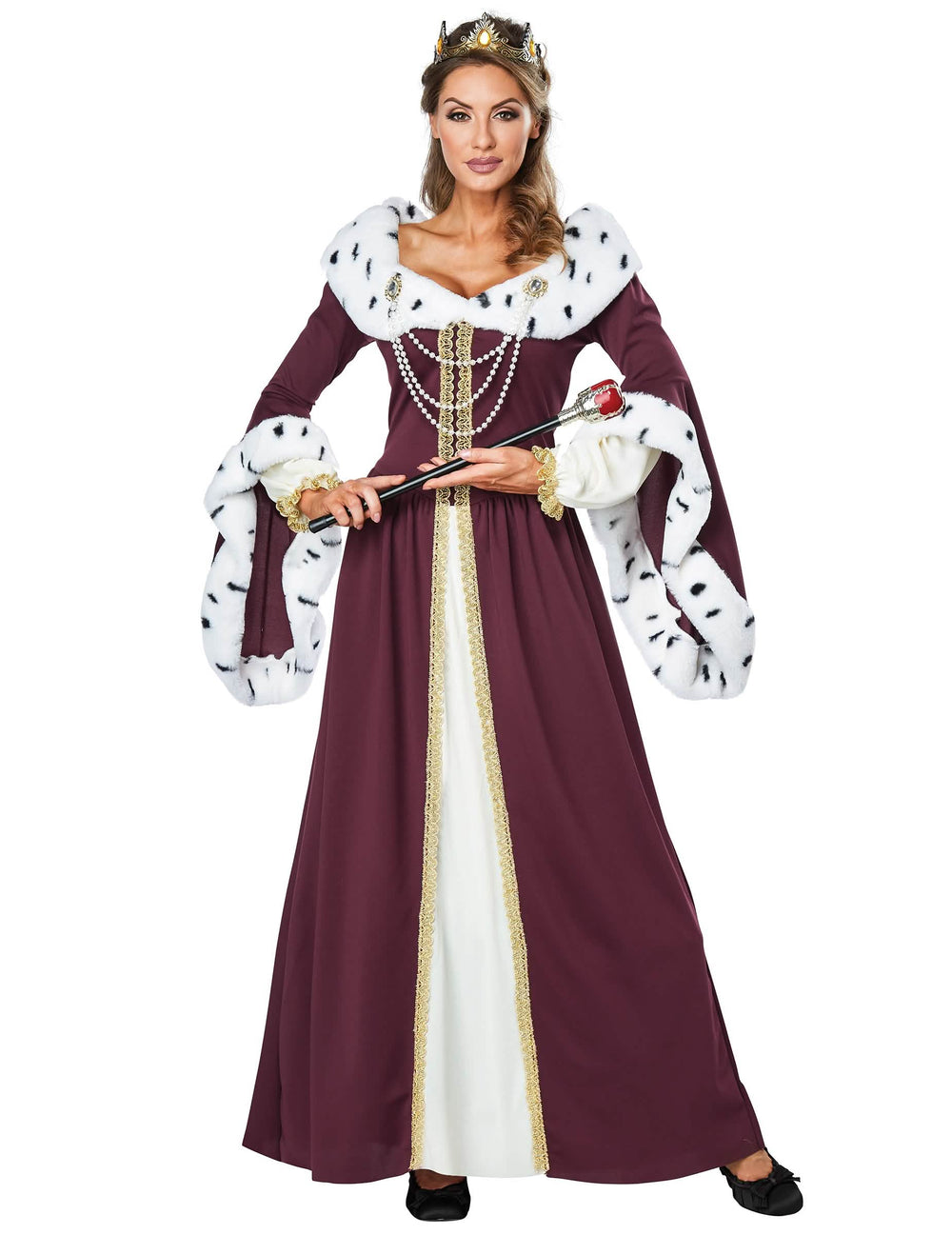 Costum de regine de basm lux pentru femeie bordeaux și alb cu coroană