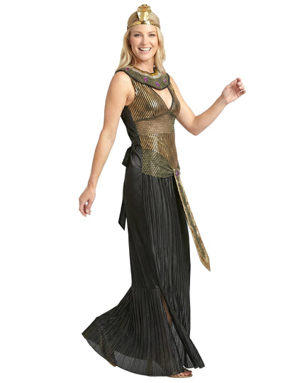 Déguisement de reine du Nil Egypte pour femme noir et or avec bandeau de serpent