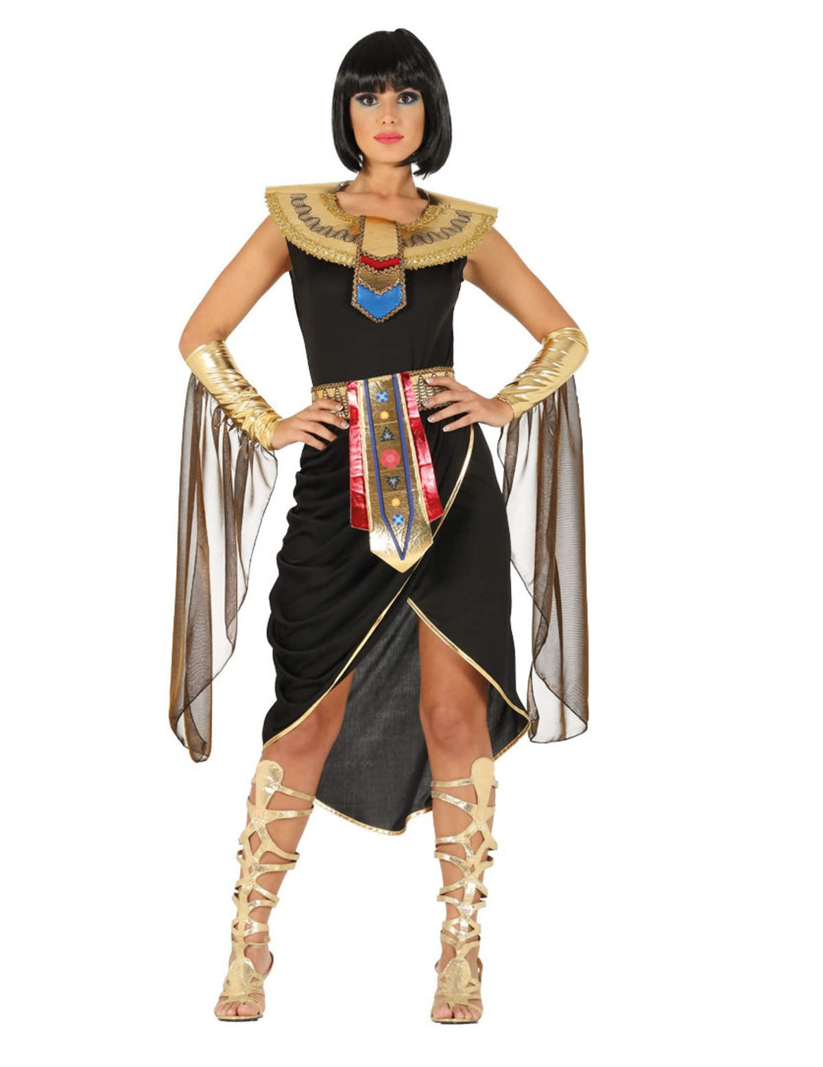 Costum de regine egipteană pentru femeie negru și auriu cu guler ornamentat