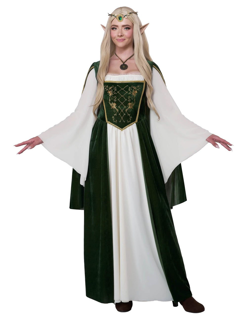 Costum de regină elfică pentru femeie verde și alb cu mâneci evazate