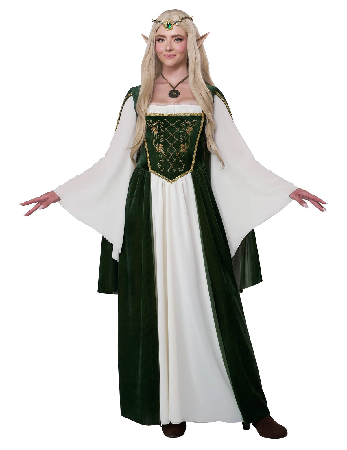 Costum de regină elfică pentru femeie verde și alb cu mâneci evazate