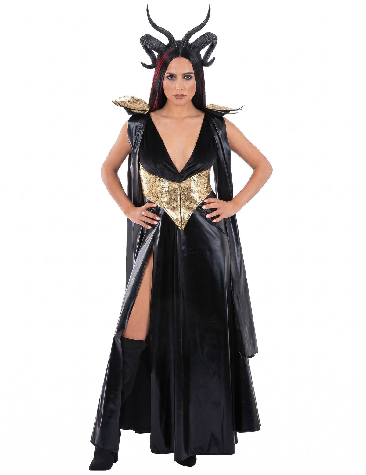 Costum de regină malefică negru și auriu pentru femei